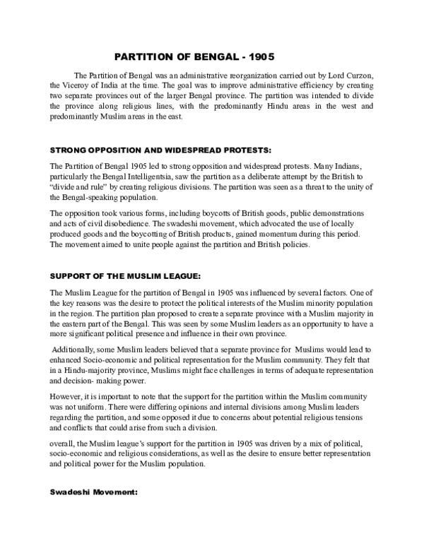 (DOC) The Partition of Bengal 1905