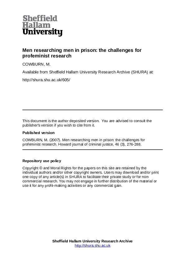 (PDF) Men Researching Men in Prison: The Challenges for Profeminist ...