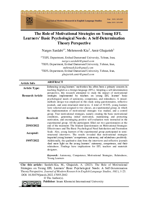 (PDF) The Role of Motivational Strategies on Young EFL Learners' Basic ...