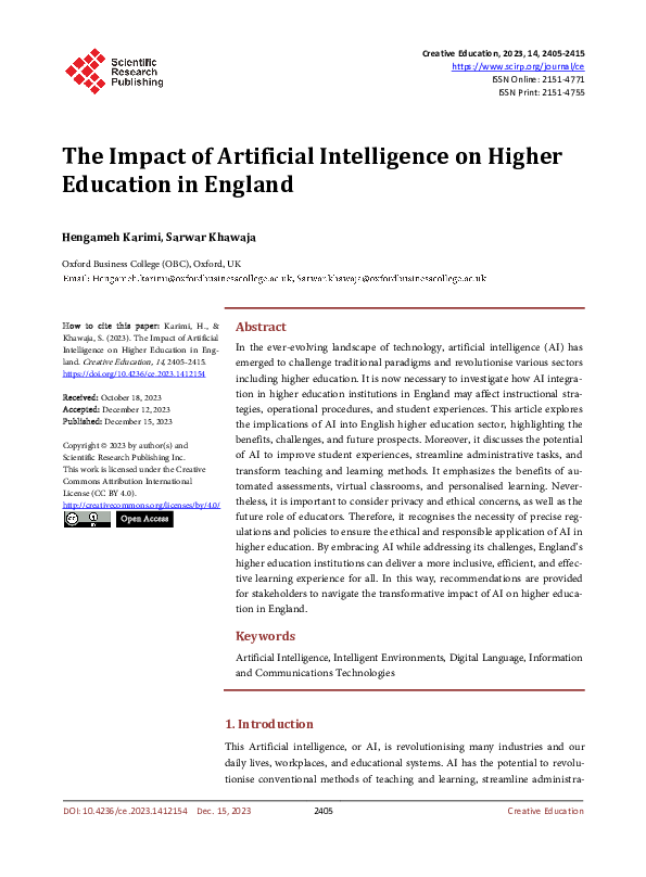 (PDF) The Impact of Artificial Intelligence on Higher Education in England