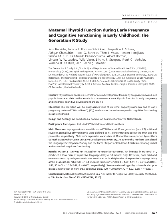 (PDF) Maternal Thyroid Function during Early Pregnancy and Cognitive ...