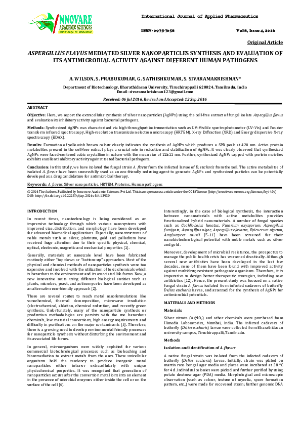(PDF) ASPERGILLUS FLAVUS MEDIATED SILVER NANOPARTICLES SYNTHESIS AND ...