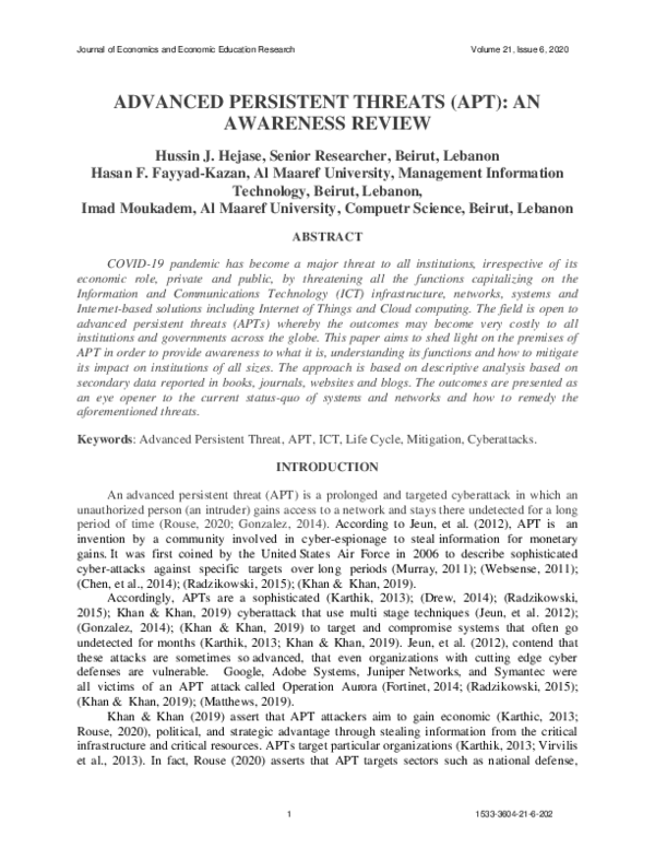 (PDF) Advanced Persistent Threats (Apt): An Awareness Review