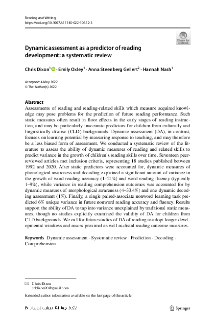 (PDF) Dynamic assessment as a predictor of reading development: a ...