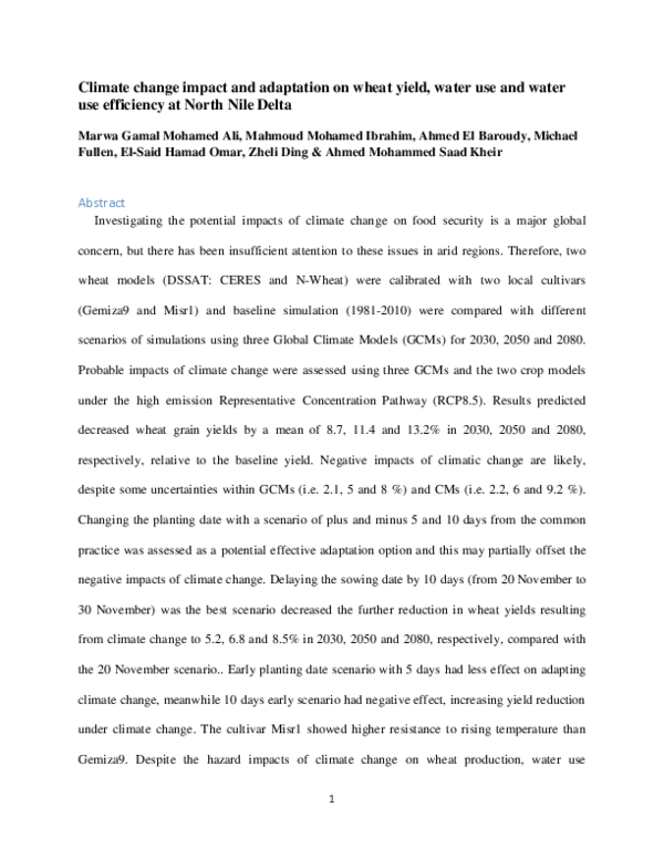 (PDF) Climate change impact and adaptation on wheat yield, water use ...