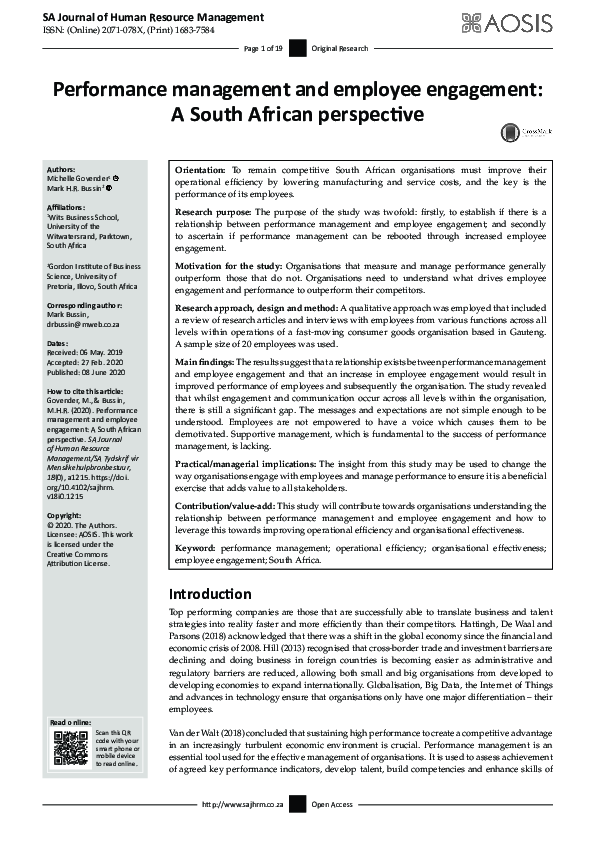 (PDF) Performance management and employee engagement: A South African ...