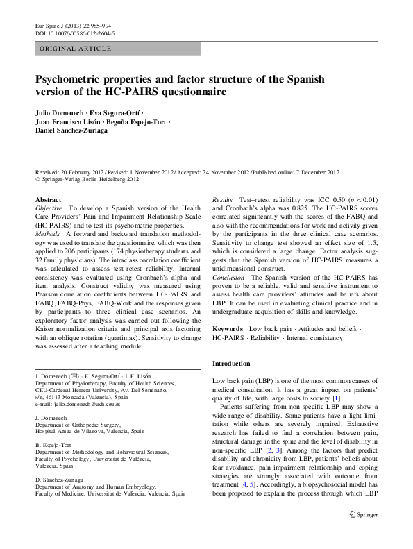 (PDF) Psychometric properties and factor structure of the Spanish ...