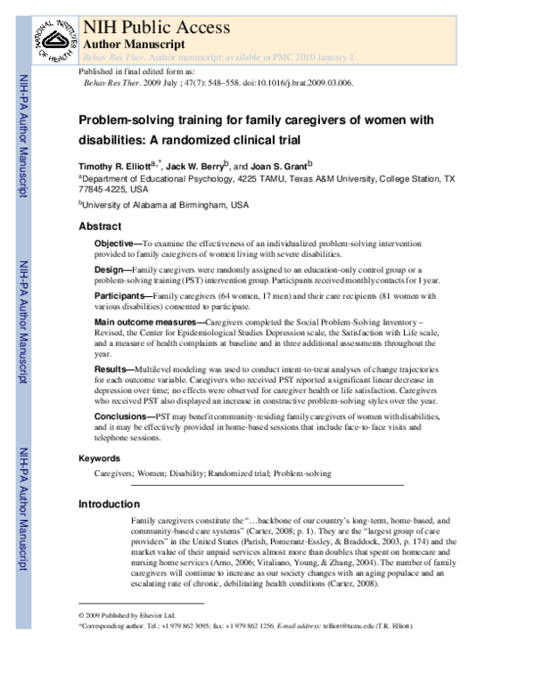 (PDF) Problem-solving training for family caregivers of women with ...