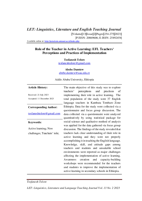 (PDF) Role of the Teacher in Active Learning: EFL Teachers' Perceptions ...