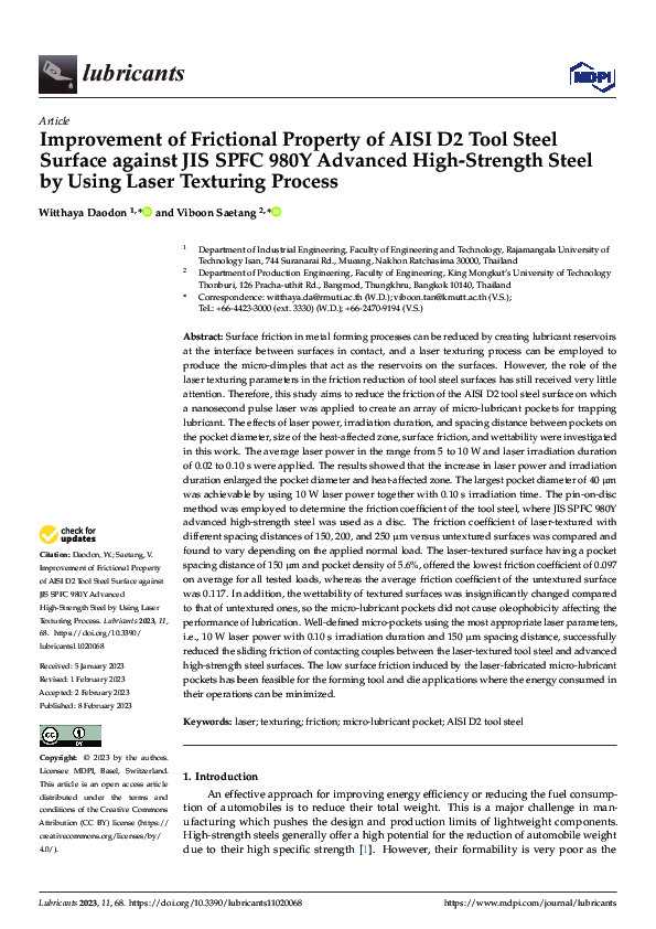 (PDF) Improvement of Frictional Property of AISI D2 Tool Steel Surface ...