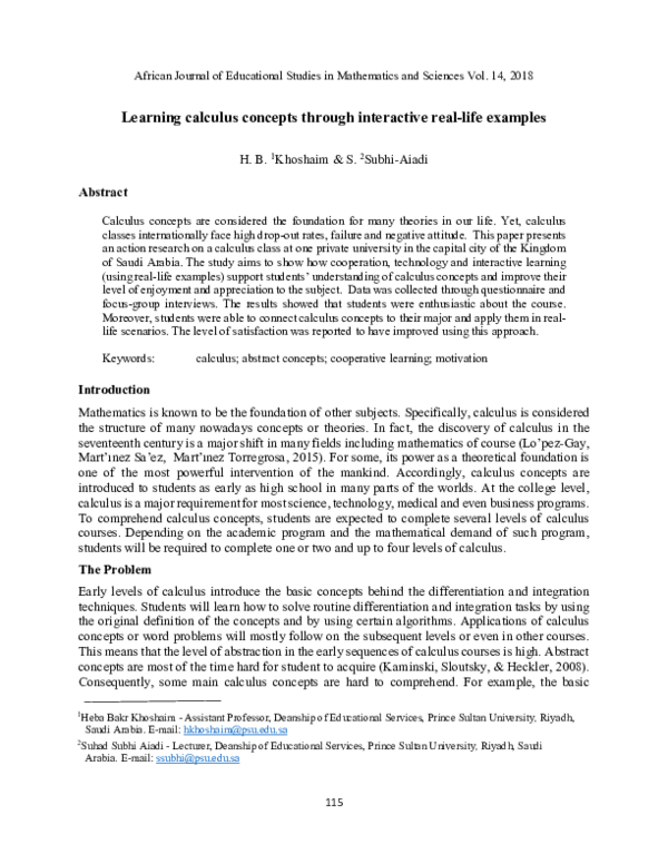 (PDF) Learning calculus concepts through interactive real-life examples