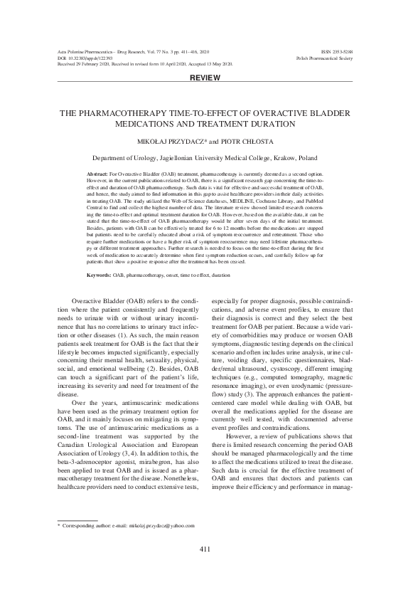 The Pharmacotherapy Time-To-Effect of Overactive Bladder Medications and Treatment Duration