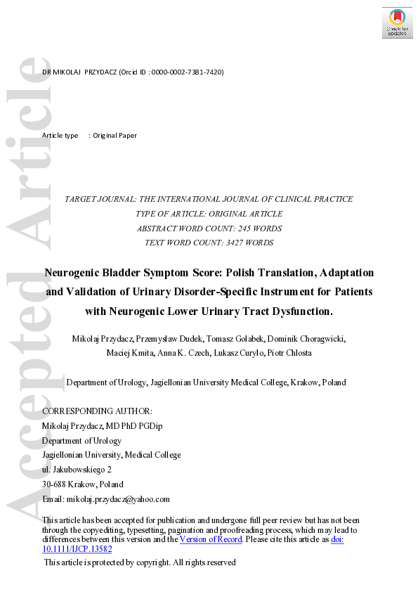 (PDF) Neurogenic bladder symptom score: Polish translation, adaptation ...