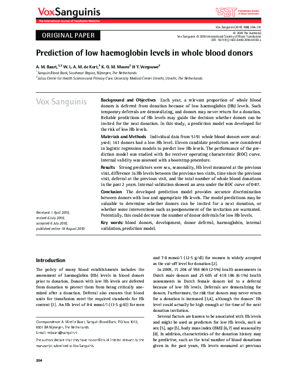 (PDF) Prediction of low haemoglobin levels in whole blood donors