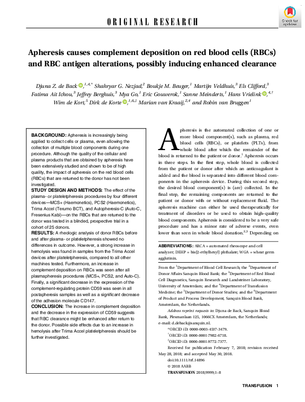 (PDF) Apheresis causes complement deposition on red blood cells (RBCs ...