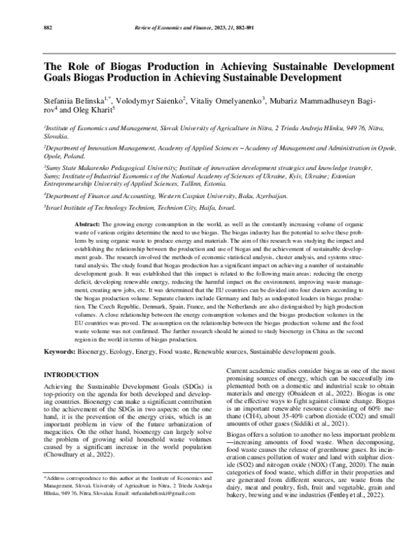 (PDF) The Role of Biogas Production in Achieving Sustainable Development