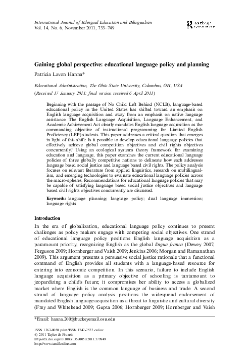 Pdf Gaining Global Perspective Educational Language Policy And Planning