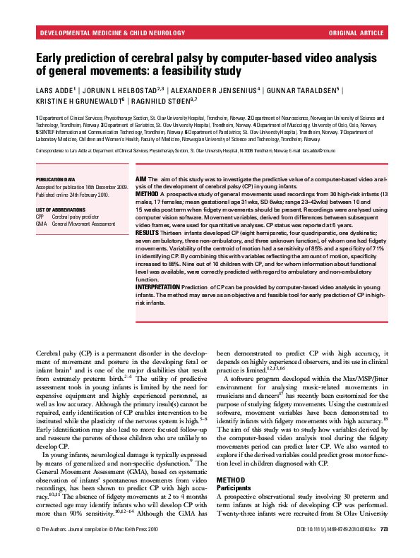 (PDF) Early prediction of cerebral palsy by computer-based video ...