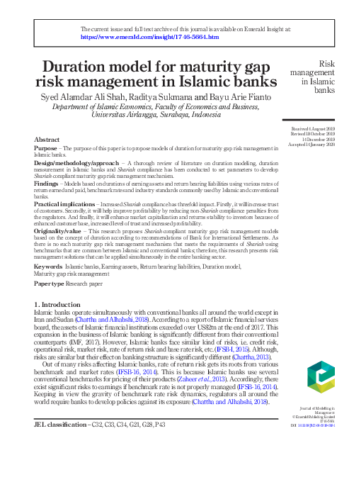 (PDF) Duration model for maturity gap risk management in Islamic banks