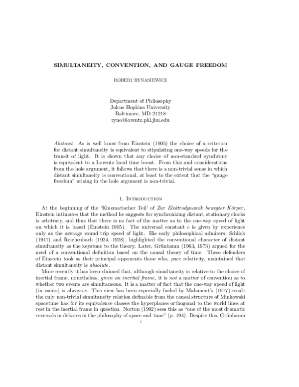 (PDF) Simultaneity, convention, and gauge freedom | Robert Rynasiewicz ...