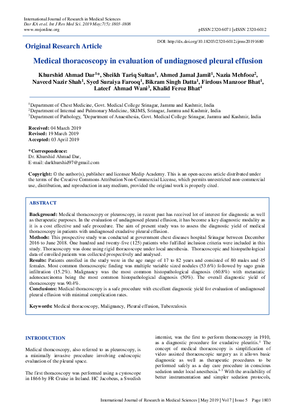 (PDF) Medical thoracoscopy in evaluation of undiagnosed pleural ...