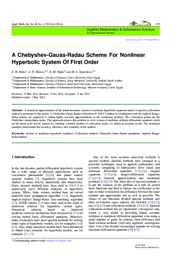 (PDF) A Chebyshev-Gauss-Radau Scheme For Nonlinear Hyperbolic System Of ...