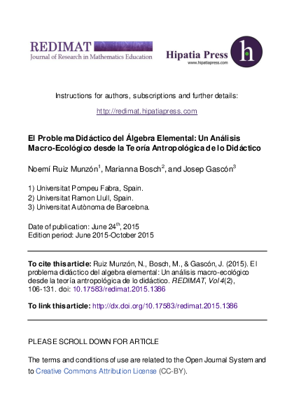 (PDF) The Didactical Problem of Elementary Algebra: A Macro- Ecological ...