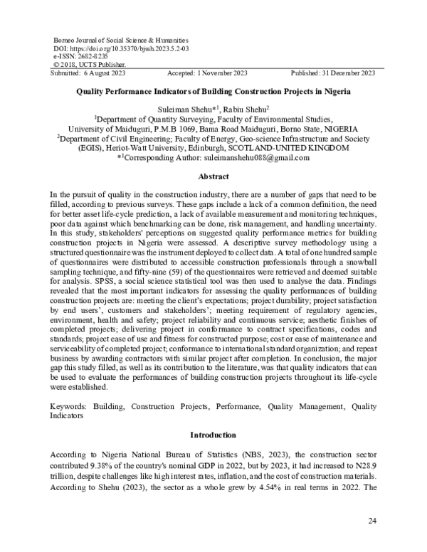 (PDF) Quality Performance Indicators of Building Construction Projects ...