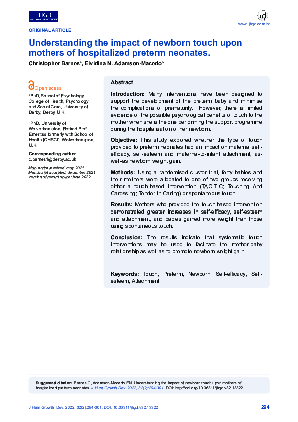 (PDF) Understanding the impact of newborn touch upon mothers of ...