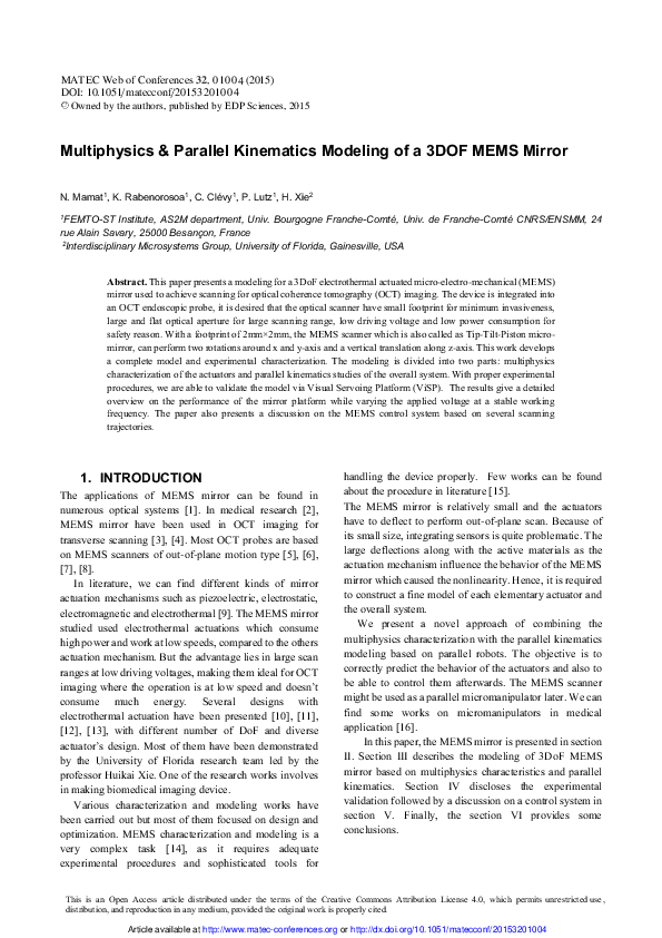 (PDF) Multiphysics & Parallel Kinematics Modeling of a 3DOF MEMS Mirror