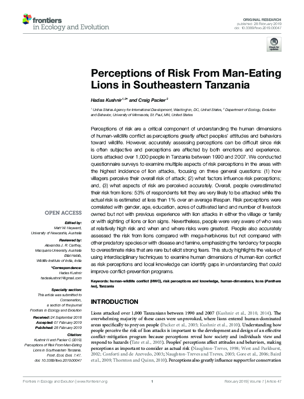 (PDF) Perceptions of Risk From Man-Eating Lions in Southeastern Tanzania
