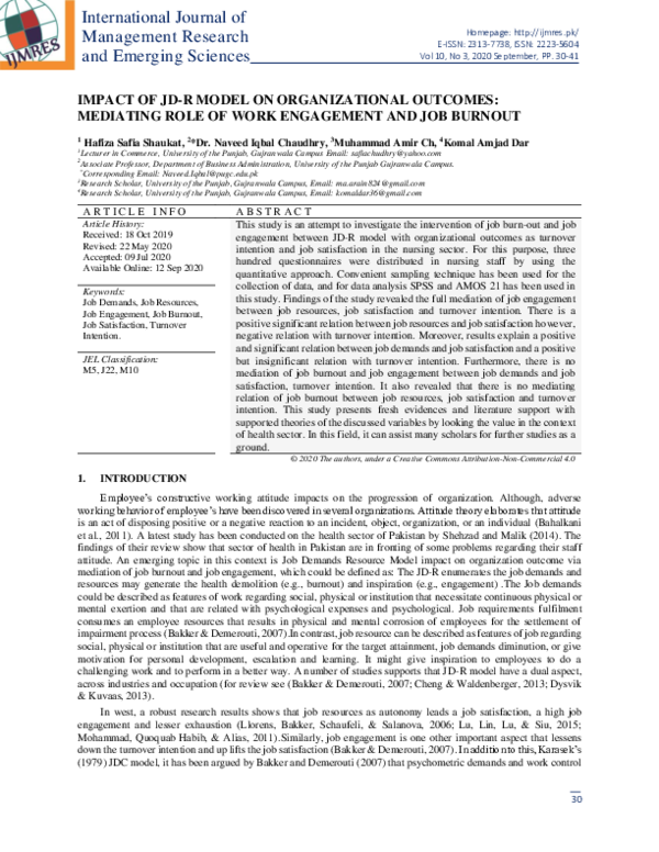 (PDF) Impact of JD-R Model on Organizational Outcomes: Mediating Role ...
