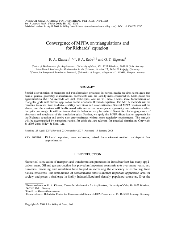 (PDF) Convergence of MPFA on triangulations and for Richards' equation