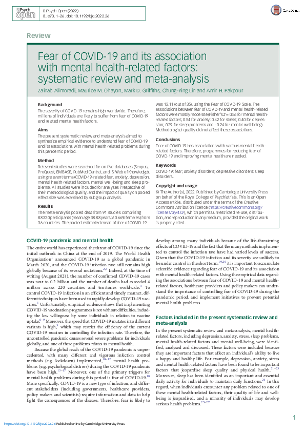 (PDF) Fear of COVID-19 and its association with mental health-related ...