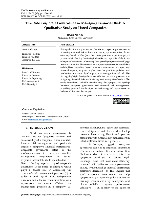 (PDF) The Role Corporate Governance in Managing Financial Risk: A ...
