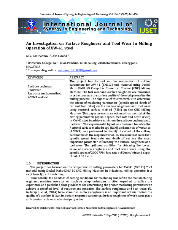 (PDF) An An Investigation on Surface Roughness and Tool Wear In Milling ...