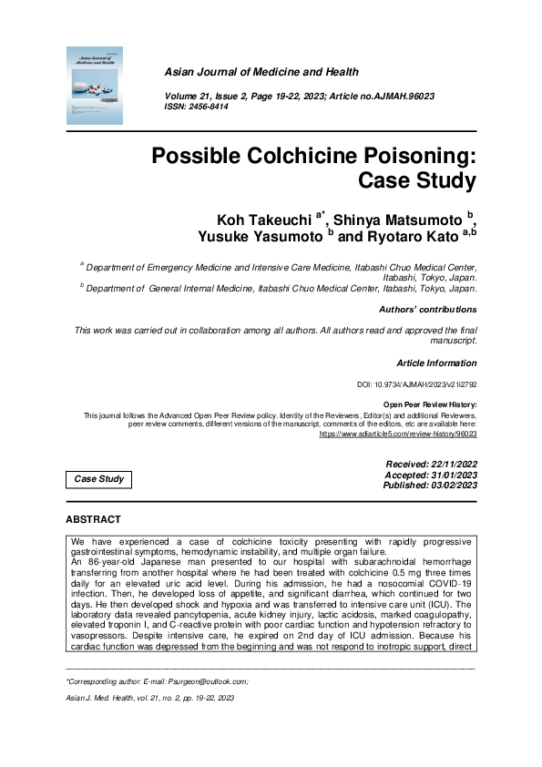 (PDF) Possible Colchicine Poisoning Case Study Ryotaro Kato