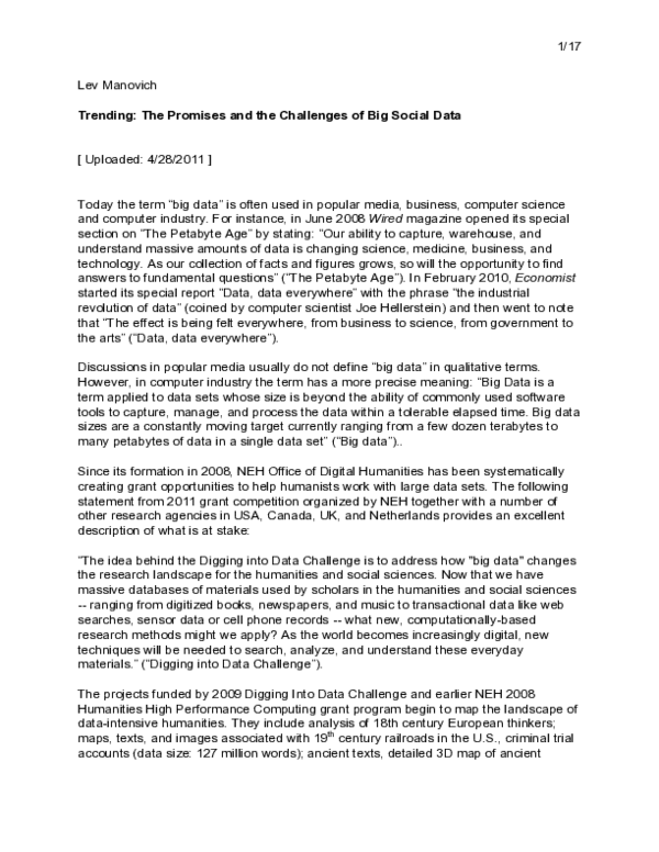 (PDF) Trending: The Promises and the Challenges of Big Social Data