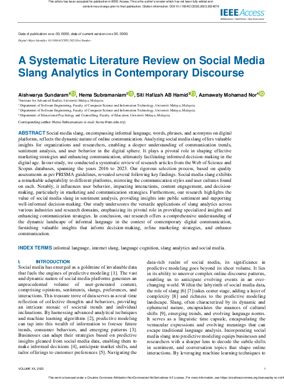 (PDF) A Systematic Literature Review on Social Media Slang Analytics in ...