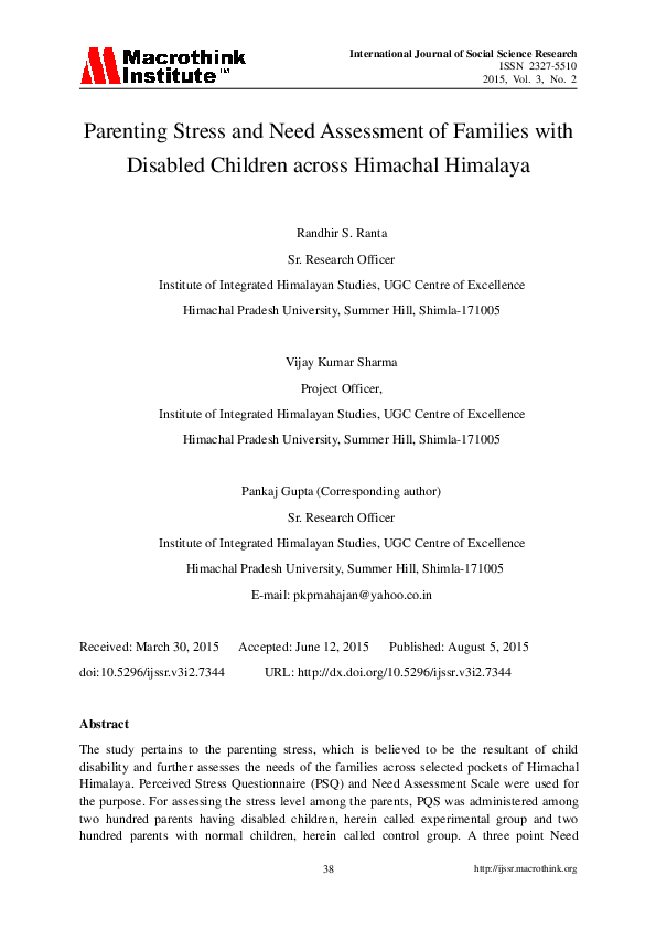 (PDF) Parenting Stress and Need Assessment of Families with Disabled ...