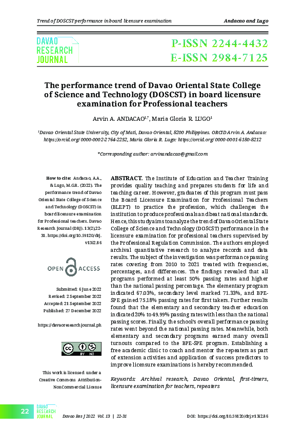 (PDF) The performance trend of Davao Oriental State College of Science ...