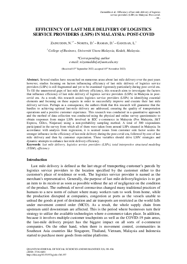 (PDF) Efficiency of Last Mile Delivery of Logistics Service Providers ...