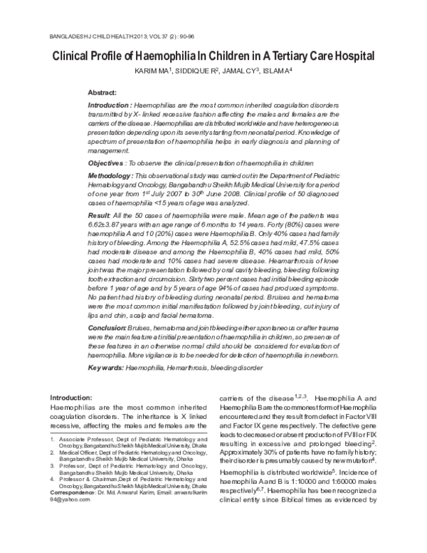 (PDF) Clinical Profile of Haemophilia In Children in A Tertiary Care ...