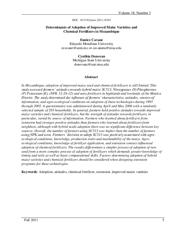 (PDF) Determinants of Adoption of Improved Maize Varieties and Chemical ...
