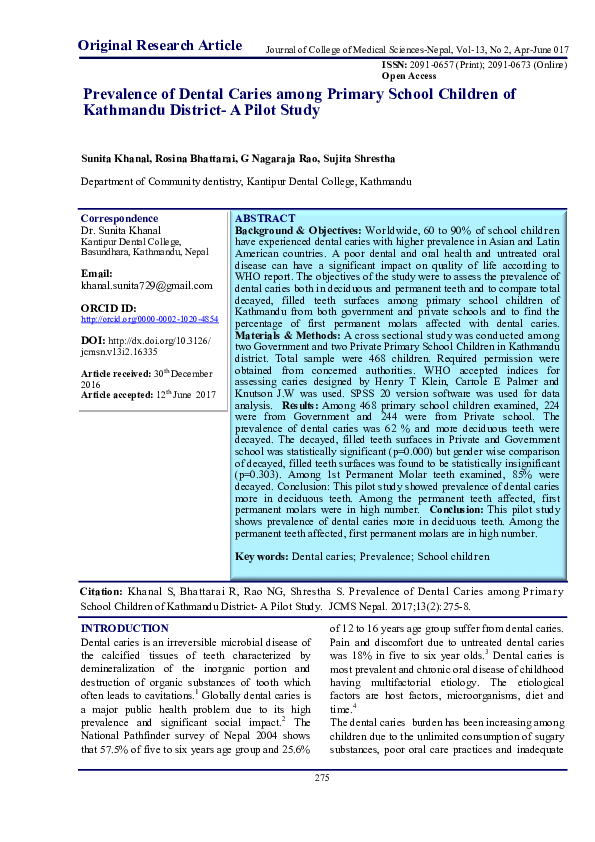 (PDF) Prevalence of Dental Caries among Primary School Children of ...