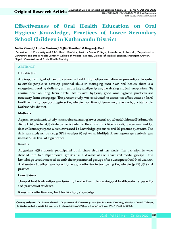 (PDF) Effectiveness of Oral Health Education on Oral Hygiene Knowledge ...