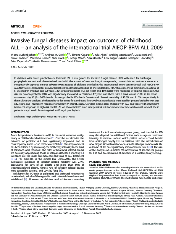 (PDF) Invasive fungal diseases impact on outcome of childhood ALL – an ...