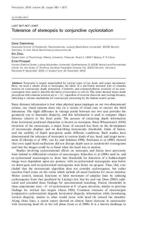 (PDF) Tolerance of stereopsis to conjunctive cyclorotation