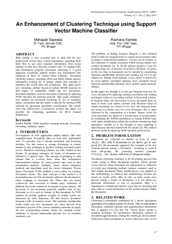 (PDF) An Enhancement of Clustering Technique using Support Vector ...