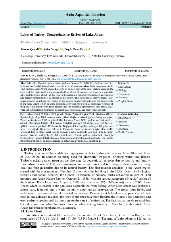 Lakes of Turkey: Comprehensive Review of Lake Abant